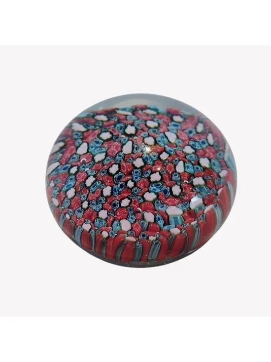 Art Glass Mouth Blown Millefiori Paperweight Red Blue White Flowers 3.5" - Picture 3 of 6